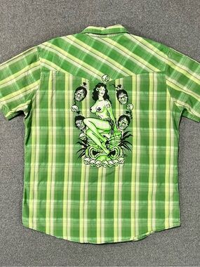Lucky 13 Voodoo Pinup Pearl Snap Shirt XL Green Plaid Western Style Short Sleeve